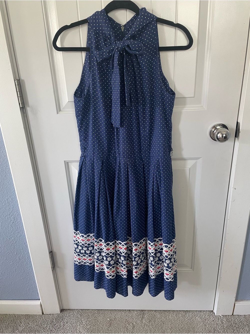 Vintage navy polkadot rainbow ribbon trim dress